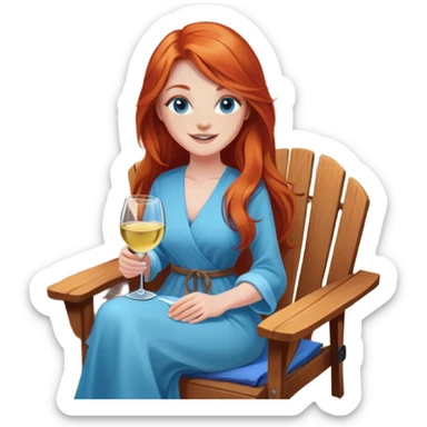 Happy redhead with long hair and blue eyes holding white wine sitting in chair fire pit sticker