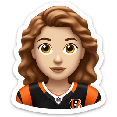 Caucasian ￼women with brown hair wearing a Cincinnati bengals jersey sticker