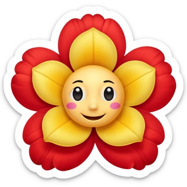 A flower with round yellow face with soft gradients, large glossy black cartoon eyes, and a simple curved smile. Surrounding bright red inflated petals with smooth shading and soft reflections. sticker