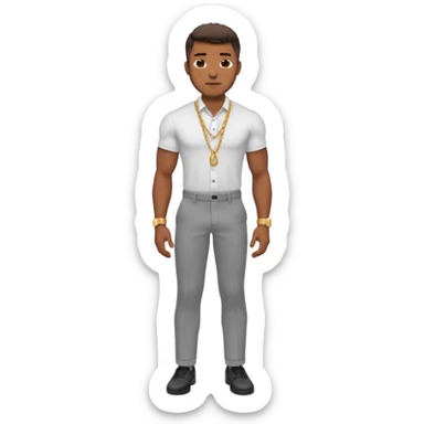 Handsome Black guy with brown skin tone, with lean muscular build, wearing gray slacks, a white button up top, black shoes, and a gold chain sticker