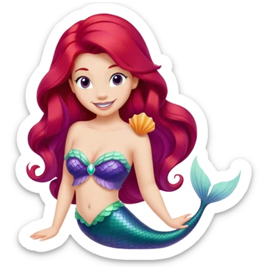 Disney Ariel mermaid with long red hair, green tail, and purple seashell top, smiling sticker
