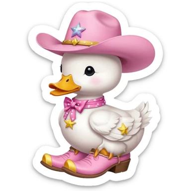 A white duck wearing a pink cowboy hat with a pink bow around its neck and pink cowboy boots with yellow stars sticker