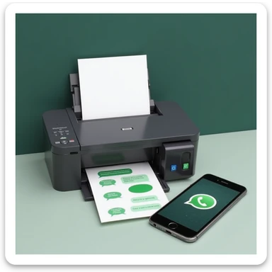 realistic thumbnail for a WhatsApp print out service, featuring a printer outputting a sheet of paper with WhatsApp chat bubbles, and a smartphone nearby showing the same chat sticker