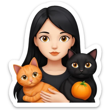 A girl with long black hair is holding a black cat, an orange cat, and a black cat sticker