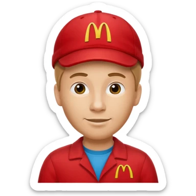 caucasian male McDonald's worker

red casual cashier clothes, red cap with the McDonald's logo sticker