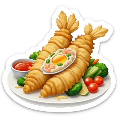 Cinematic Realistic Tempura Dish Emoji, depicted as lightly battered and fried seafood and vegetables rendered with delicate textures and crisp, inviting lighting. sticker