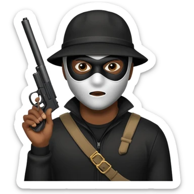 A black male in a robber mask with a gun sticker