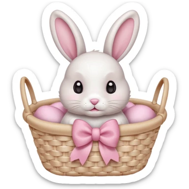 light pink bow on a beige white wooven basket. A bunny with its paws a bit out and sift white fur cute eyes sticker