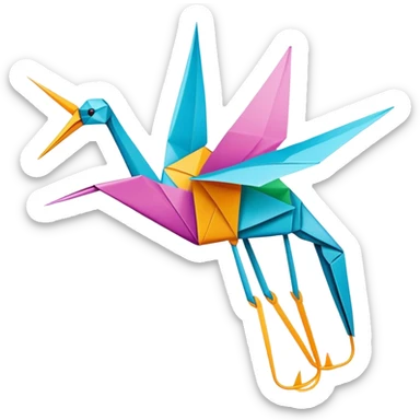 Paper crafting icon, origami crane, folded paper shapes, scissors, vibrant paper, clean folds, minimalistic style, transparent background. sticker