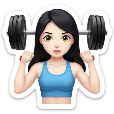 Pale girl with long black hair lifting weights sticker