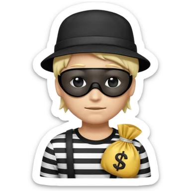 Realistic ios emoji-style portrait of a classic burglar, a black eye mask and a black-and-white striped shirt. emoji-like hair, black hat, a bag of money 💰 with a dollar sign in a right corner, mean expression  sticker