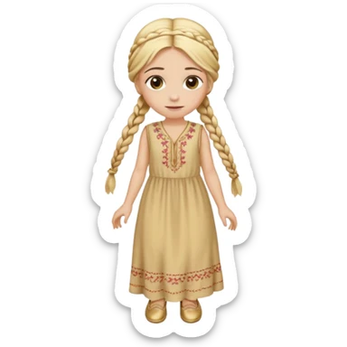 
mujer, Joven, de aspecto dulce y elegante.
Piel clara, ojos grandes y expresivos, sonrisa triste.
Rubio o castaño claro, largo, con trenzas o velo.
Vestido largo cubriendole los zapatos, çde tonos suaves (blanco, azul o lavanda), con bordados dorados; toca fina cubriendo la cabeza. sticker