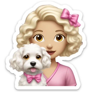 blonde girl with wavy hair and soft pink lips taking a little fluffy white dog for a walk with a pink bow and leash  sticker