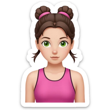 a white brunette girl with green eyes and freckles going for a run in a pink outfit with hair up in bun sticker