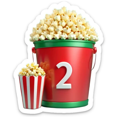 A 3D number 2 in a movie theater setting, shiny red surface; bright string lights on the number, the border is green with tiny string lights like stroke ; cinematic glow with subtle haze; glossy, premium Hollywood countdown look; centered composition. sticker