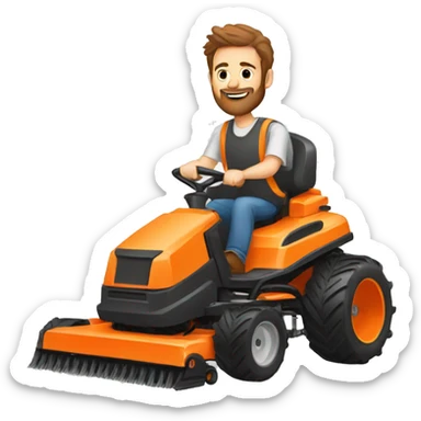 A white man with brown hair and a beard pushing an orange mower sticker