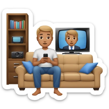 A man photographed from behind, sitting on a sofa and watching the news on TV. The setting is a living room. sticker