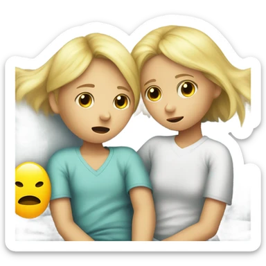 Two blonde children, each in their own bed at home, sick, sad, each wearing a surgical mask, one is a Boy, one is a girl, get well soon sign with yellow heart sticker