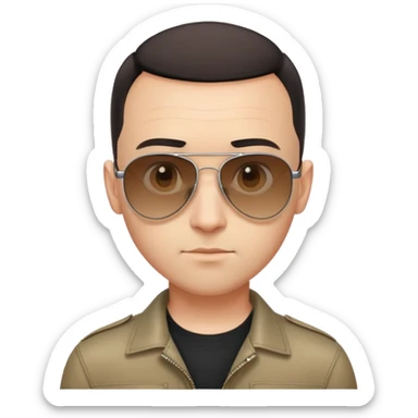 Oval-faced man with large forehead, aviator sunglasses with metal frame, extremely short dark hair with completely bald sides (skin fade), light tan skin, friendly neutral expression, black shirt sticker