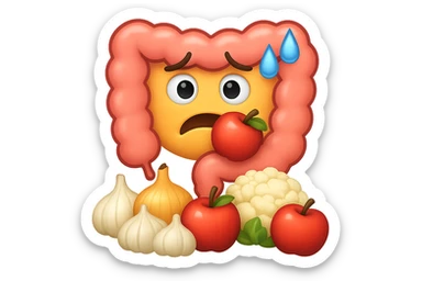EMOJI STILE IPHONE DI UN INTESTINO UMANO IN CRISI PERCHé STA MALE, IN BOCCA HA UNA MELA E DAVANTI A LUI C'è UNA MONTAGNA DI aglio, cipolle, cavolfiore e mele sticker