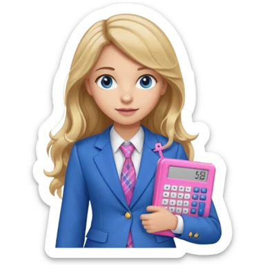 pretty female with long wavy brown hair with blonde highlights and blue eyes holding a pink calculator wearing school uniform which is a blue blazer and white blouse sticker
