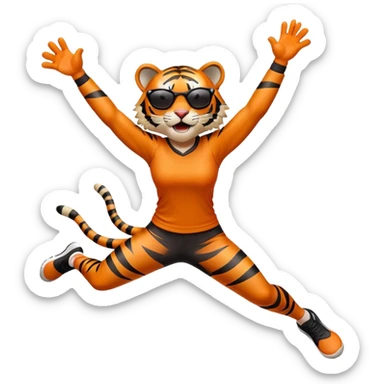 female energetic anthropomorphised tiger in sports clothes, wearing dark sunglasses, jumping with excitement, arms raised sticker
