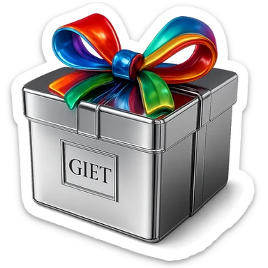 Make the bow on the chrome gift box colorful while keeping the box metallic and polished, no background. sticker