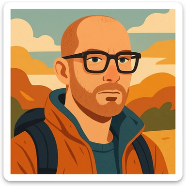 a bold man with a bit of ultra short hair, squared dark-framed glasses, blue eyes, looks like a traveler, modern illustration style sticker
