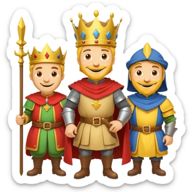 fait moi un Roi 1 Connétable un Chevalier un paysan et un Bouffon avec le style graphique cartoon et personnage jaune sticker
