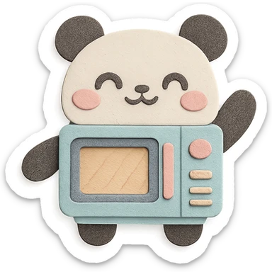 chibi-style microwave oven transformed into a fluffy panda, blushing and waving happily, soft pastel colors, full-body sticker
