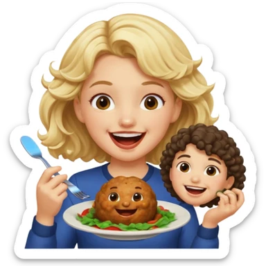 Ragazza bionda leggermente mossa che ride ad un ragazzo con i capelli ricci scuri mentre mangia polpette sticker