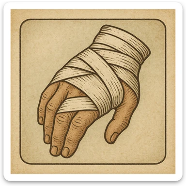 vintage style icon of a bandaged hand, muted colors, subtle texture, classic medical illustration feel sticker