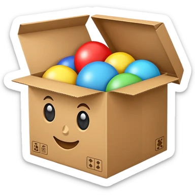 cardboard box with toys, sticker