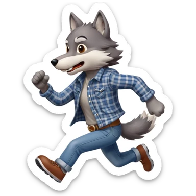 friendly anthropomorphised wolf in plaid and jeans running, energetic pose sticker
