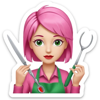 A hairdresser with scissors behind her head ✂️🩶(Pink, red and green apron)(Eyelashes)(Woman silver skin) sticker