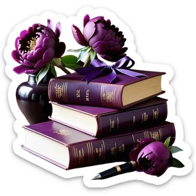 A beautifully arranged stack of mulberry-colored books sits on an antique wooden table, adorned with lush, deep aubergine peonies whose velvety petals spill gently over the edges. Beside them, a delicate love letter, sealed with a wax stamp in rich Tyrian purple, rests gracefully, its edges slightly curled with time. The scene is bathed in warm, golden candlelight, casting soft shadows that enhance the depth of the regal hues. A fine silk ribbon in a matching plum shade winds around the books, securing a tiny, ornate key—perhaps holding the promise of a secret yet to be unveiled. sticker