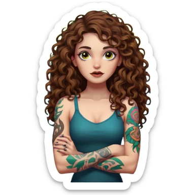 full body view of a woman with long curly brown hair, brown eyes, white skin, tattoos, arms crossed, eyebrow raised, neon forest chaos behind her sticker