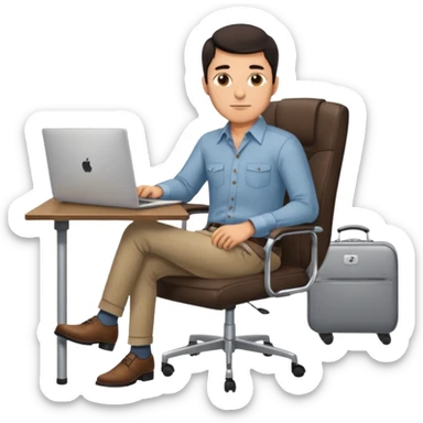 Rich man working on a chair at office in shirt, dark hair, and near the desk with laptop he is german very beautiful looks like, full body view sticker