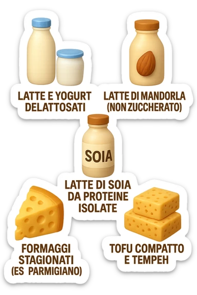 emoji stile iphone 3d di questi elementi che fluttuano in aria:

Latte e yogurt delattosati
Latte di mandorla (non zuccherato)
Latte di soia da proteine isolate
Formaggi stagionati (es. parmigiano)
Tofu compatto e tempeh
 che fluttuano in aria,  le etichette scrivile in italiano, iperealistico 4k sticker