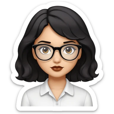 una chica bonita de tez media, cabello negro mediano ondulado, ojos oscuros y lentes negros con blusa blanca, complexión media sticker