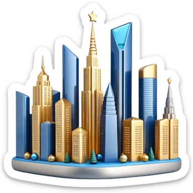 3D emoji of Moscow City business district skyline. A cluster of stylized skyscrapers with different shapes (gold, blue, silver). Decorated with tiny glowing Christmas lights. Soft 3D render, clay and glass textures, Apple aesthetic, isolated on a white background. sticker