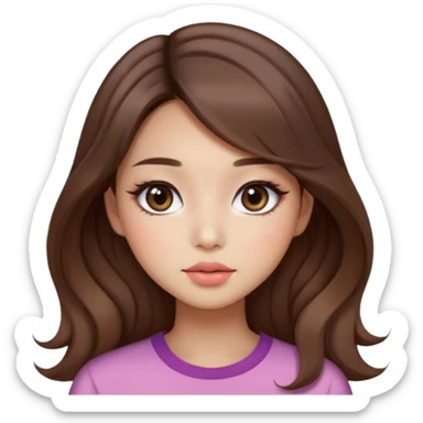 “korean straight brown hair Emoji girl, soft eyeliner and blush, gradient lips, light brown shimmer eyeshadow, long wavy hair,  sticker