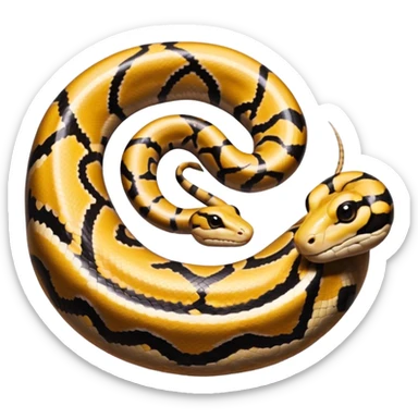 A photo-realistic top-down view of a Ball Python gently coiled into a tight spiral, with its head resting peacefully at the center. Its scales are warm brown with bold, irregular black markings, including the distinctive “alien-head” pattern, flowing smoothly along its body.  sticker
