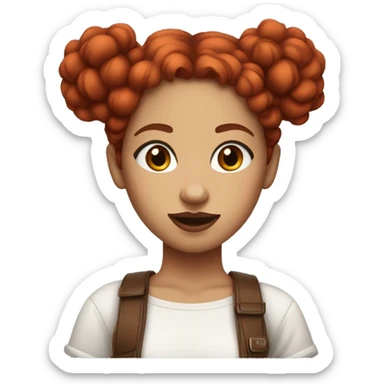Create an Emoji Girl, slightly curly and long red hair and 2 buns on top of her head, red lipstick, white skin, brown eyes, red mesh shirt sticker