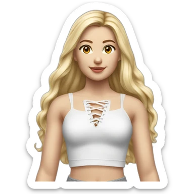 hyperrealistic caucasian female, long straight blonde hair, white lace up crop top, grey mini skirt, body view sticker