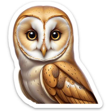 Cinematic Noble Barn Owl Portrait Emoji, Poised and regal, with a slender, graceful build and a striking mottled plumage of whites and browns, deep-set soulful amber eyes, Simplified yet sharp and sophisticated features, highly detailed, glowing with a soft, dignified glow, high shine, intelligent and mysterious, stylized with an air of nocturnal wisdom, focused and attentive, soft glowing outline, capturing the essence of a watchful and confident fowl, so majestic it feels as though it could silently glide out of the screen with effortless authority! sticker