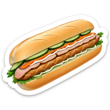 traditional banh mi with char grilled pork emoji 


    Very crusty baguette

    Mayo 

    Pickled carrot 

    Cucumber, coriander/cilantro, green onion, chilli 
 sticker