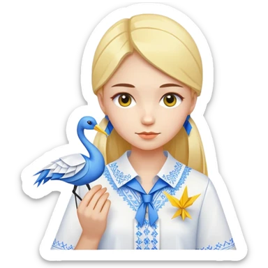 A Ukrainian young girl wearing a white embroidered shirt holds an origami yellow-blue crane sticker