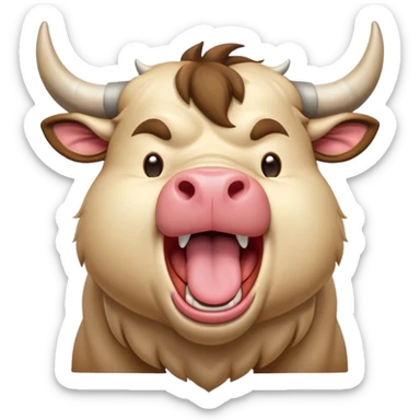Cinematic Cute Yawning Domestic Bull Portrait Emoji, Head tilted slightly with a dramatic, wide-open yawn, showcasing a robust, muscular frame with a soft, downy coat and subtly drooping horns, round eyes barely open in drowsy contentment, Simplified yet irresistibly adorable features, highly detailed, glowing with a soft, cozy natural glow, high shine, relaxed yet expressive, stylized with a dash of rustic whimsy, soft glowing outline, capturing the essence of a sleepy yet affectionate domestic bull that seems ready to stretch out and settle for a nap! sticker