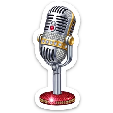 Create a glamorous and vibrant emoji representing stage vocal performance. The design should feature a humanless collage of classic vintage microphone, stage costume covered in rhinestones, sparkling brightly. The costume should be stylized, with glittering elements like sequins and sparkles, and reflect the glitzy, extravagant nature of show business. The microphone should have a sleek, retro look with chrome or metallic accents. Use rich, dazzling colors like gold, silver, deep purple, and bright red to evoke the glamorous, larger-than-life feel of a stage performance. The background should be transparent. sticker